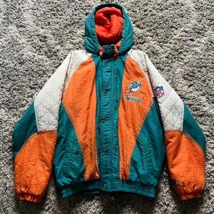STARTER Miami Dolphins Vintage NFL Teal and Orange Puffer Jacket